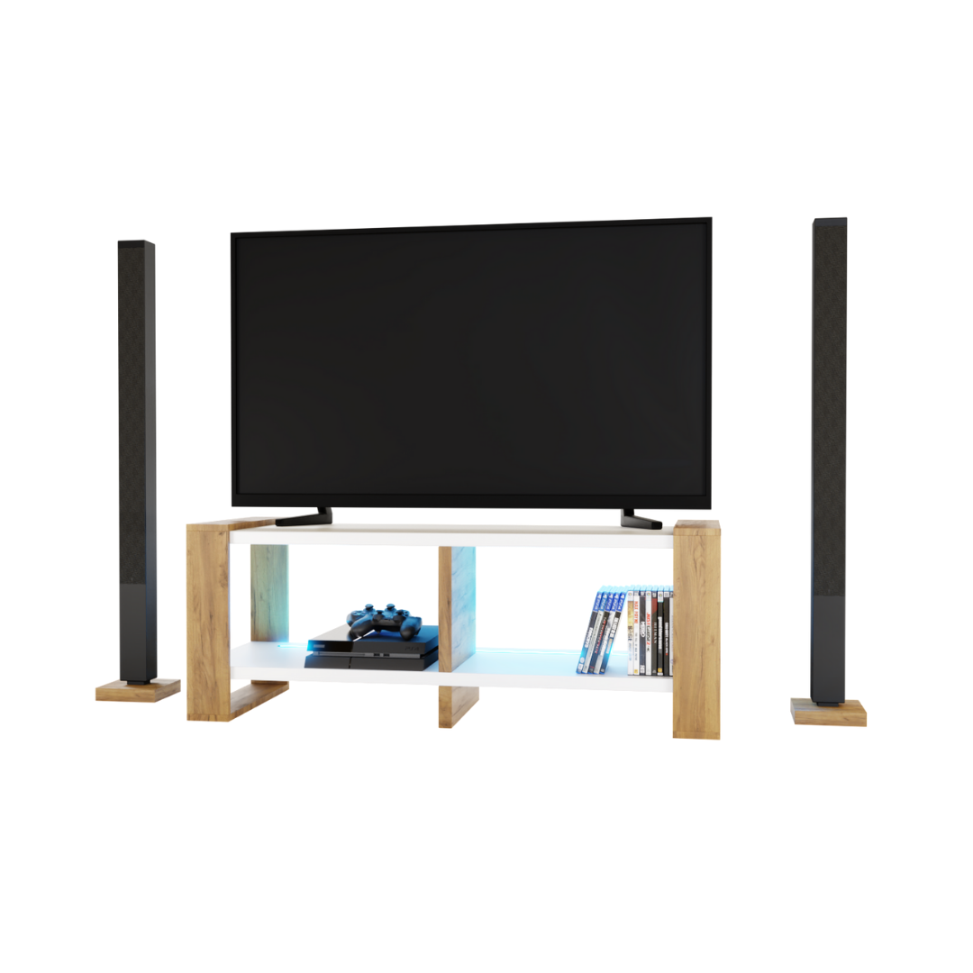 Meuble TV Moderne Télé Salon Nikor Rangement avec LED Blanc + Chêne Doré - Vue principale