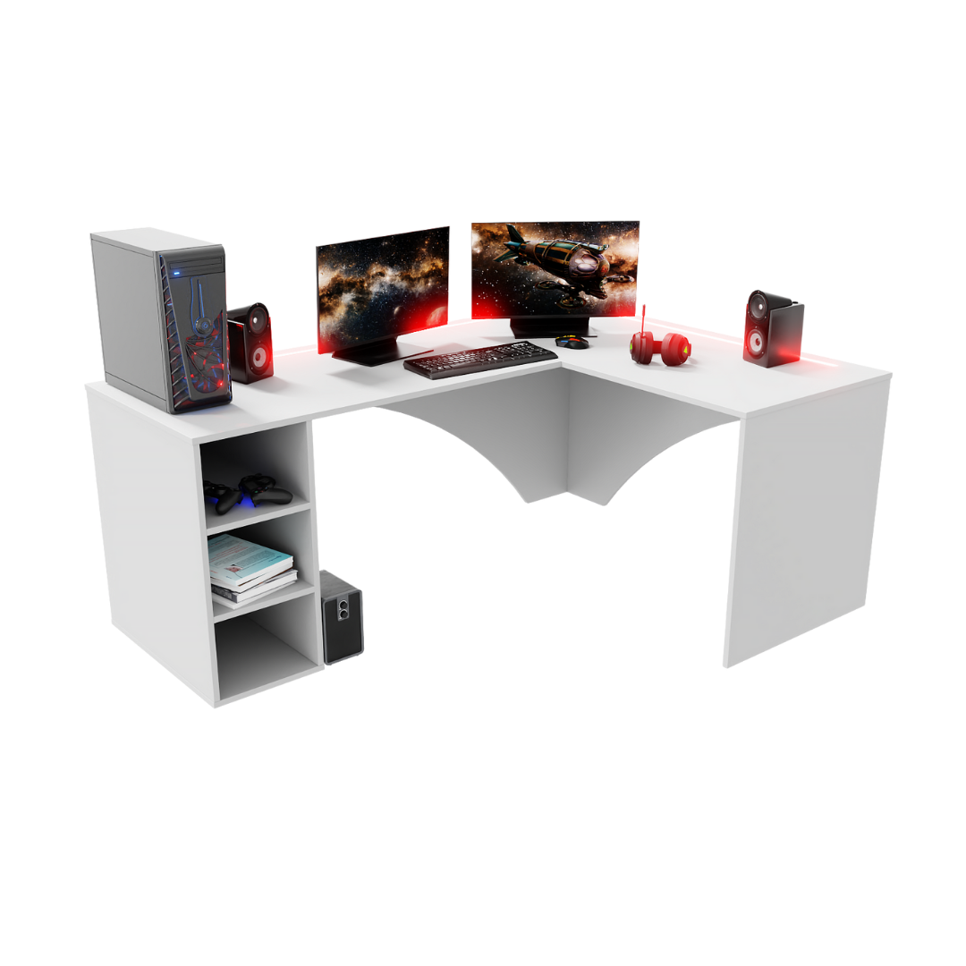 Bureau d'Angle Gaming Gamer Professionnel pour Ordinateur PC Bureau de Travail Carbon Blanc - Détails