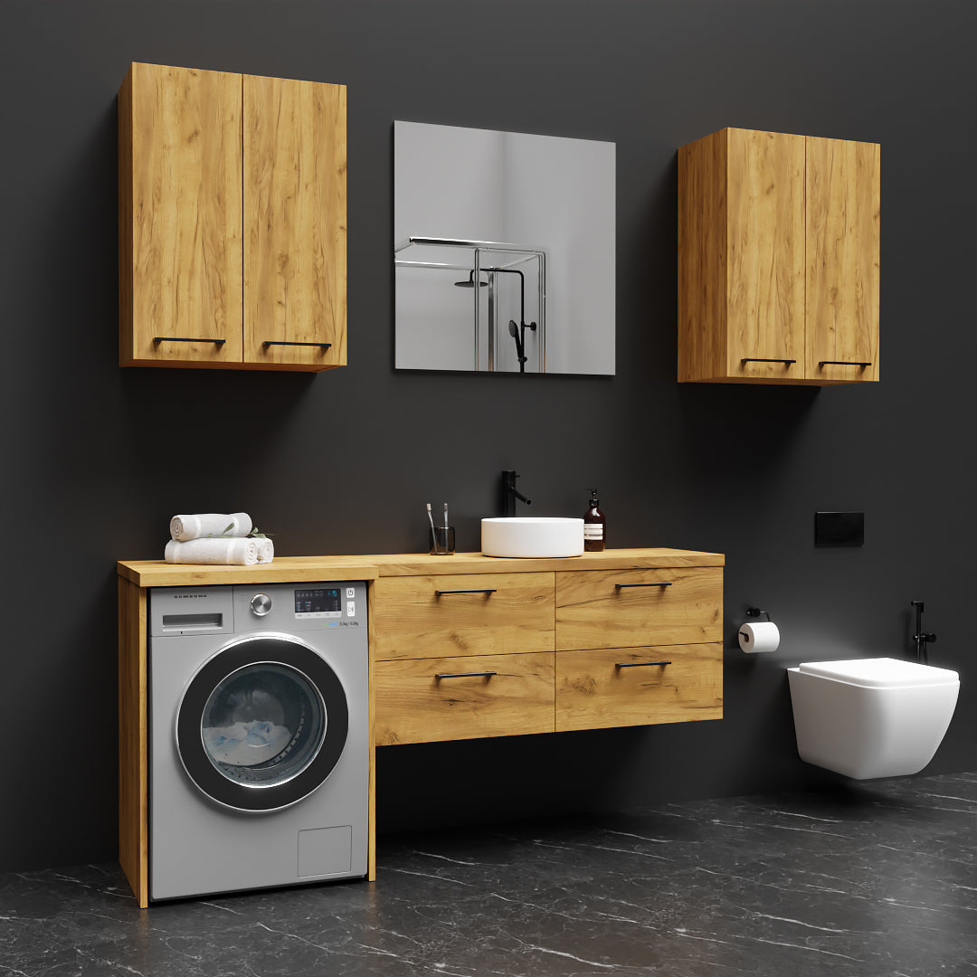 Meuble de Salle de Bain Suspendu Rangement Chêne Doré - Détails