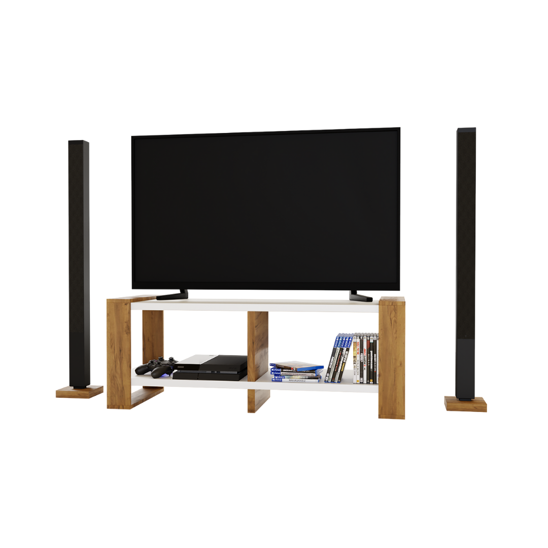 Meuble TV Moderne Télé Salon Nikor Rangement Blanc + Chêne Doré - Vue principale