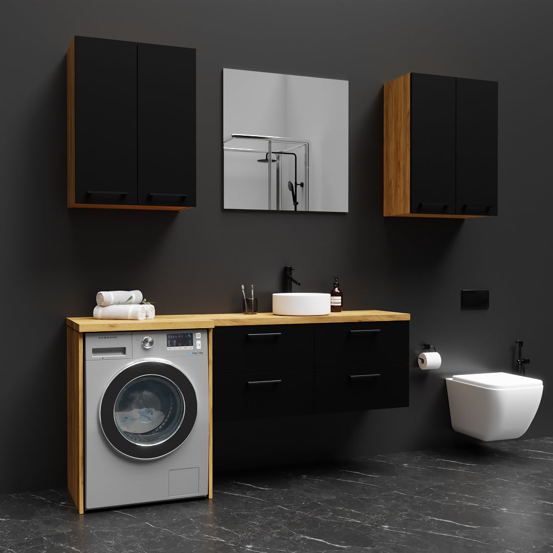 Meuble de Salle de Bain Suspendu Rangement Chêne Doré - Détails