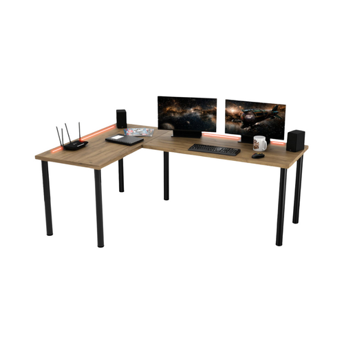 Bureau d'Angle Gaming Gamer Professionnel pour Ordinateur PC Bureau de Travail Chêne Doré - Détails