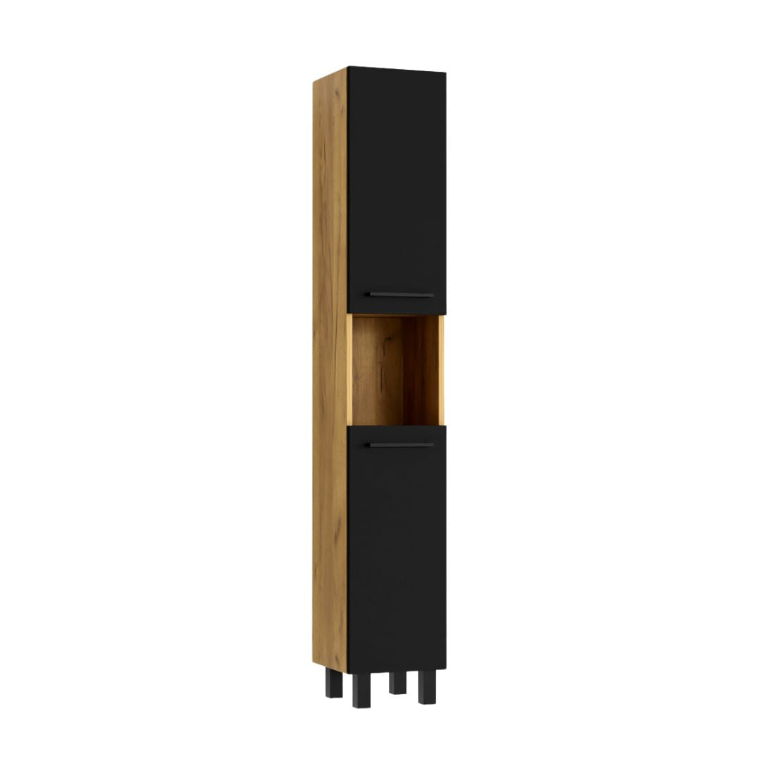 Colonne de Salle de Bain Étroite avec Étagères sur Pied Terra Chêne Doré Façades Noir - Vue principale