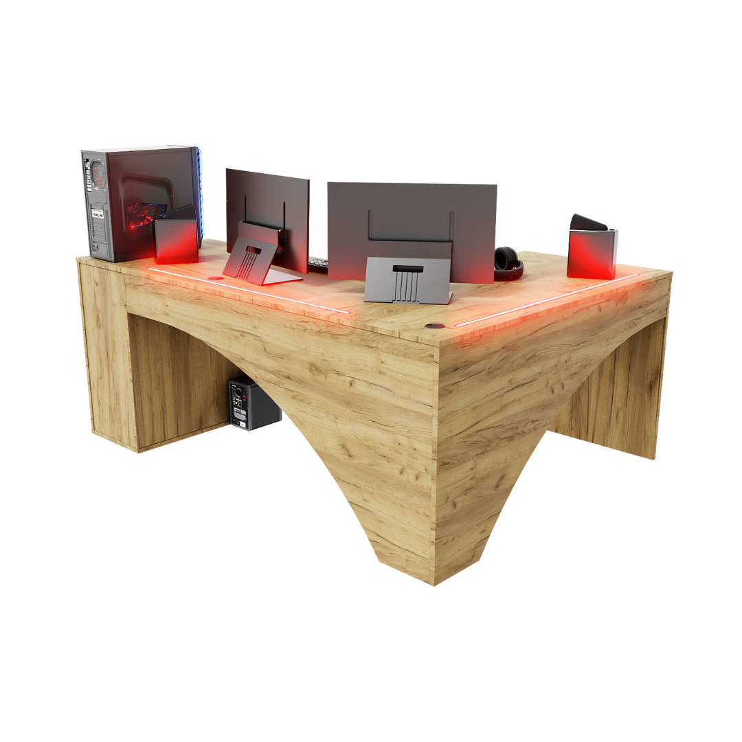 Bureau d'Angle Gaming Gamer Professionnel pour Ordinateur PC Bureau de Travail Carbon Chêne Doré - Détails