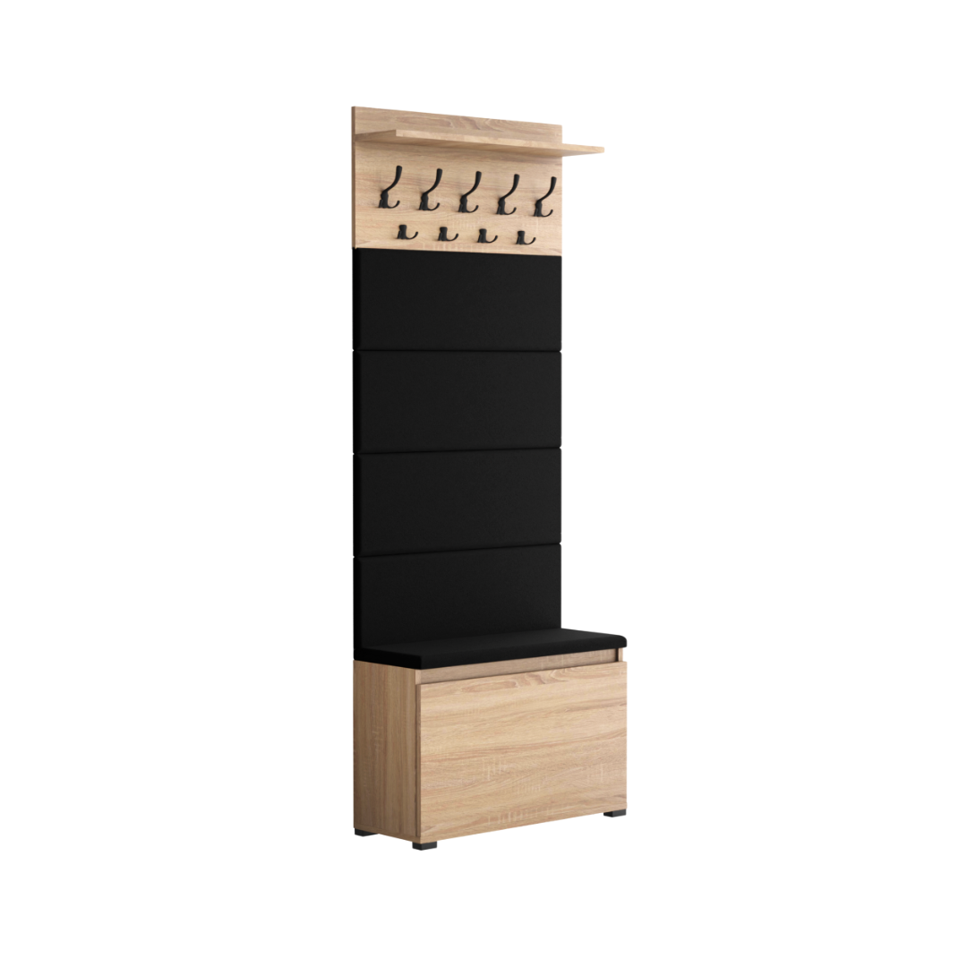 Vestiaire d'Entrée avec Meuble à Chaussures Banc Panneaux Capitonnés et Porte-manteau Lova Chêne Sonoma - Détails