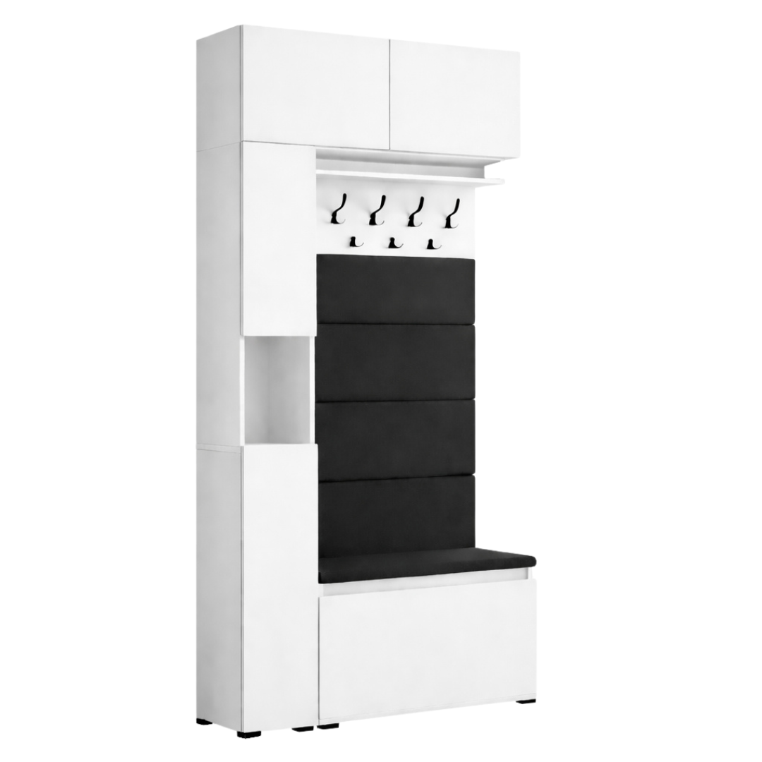 Vestiaire d'Entrée Complet avec Meuble à Chaussures Panneaux Capitonnés Porte-manteau Meuble Étroit et Surmeuble Lova Blanc - Vue principale