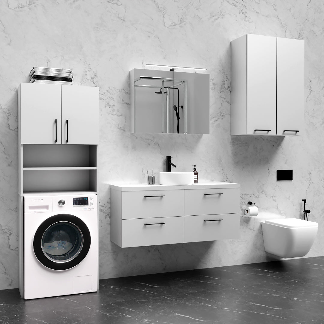 Meuble Vasque Suspendu Double de Salle de Bain avec Plan de Travail et 4 Tiroirs sous Lavabo Blanc - Détails