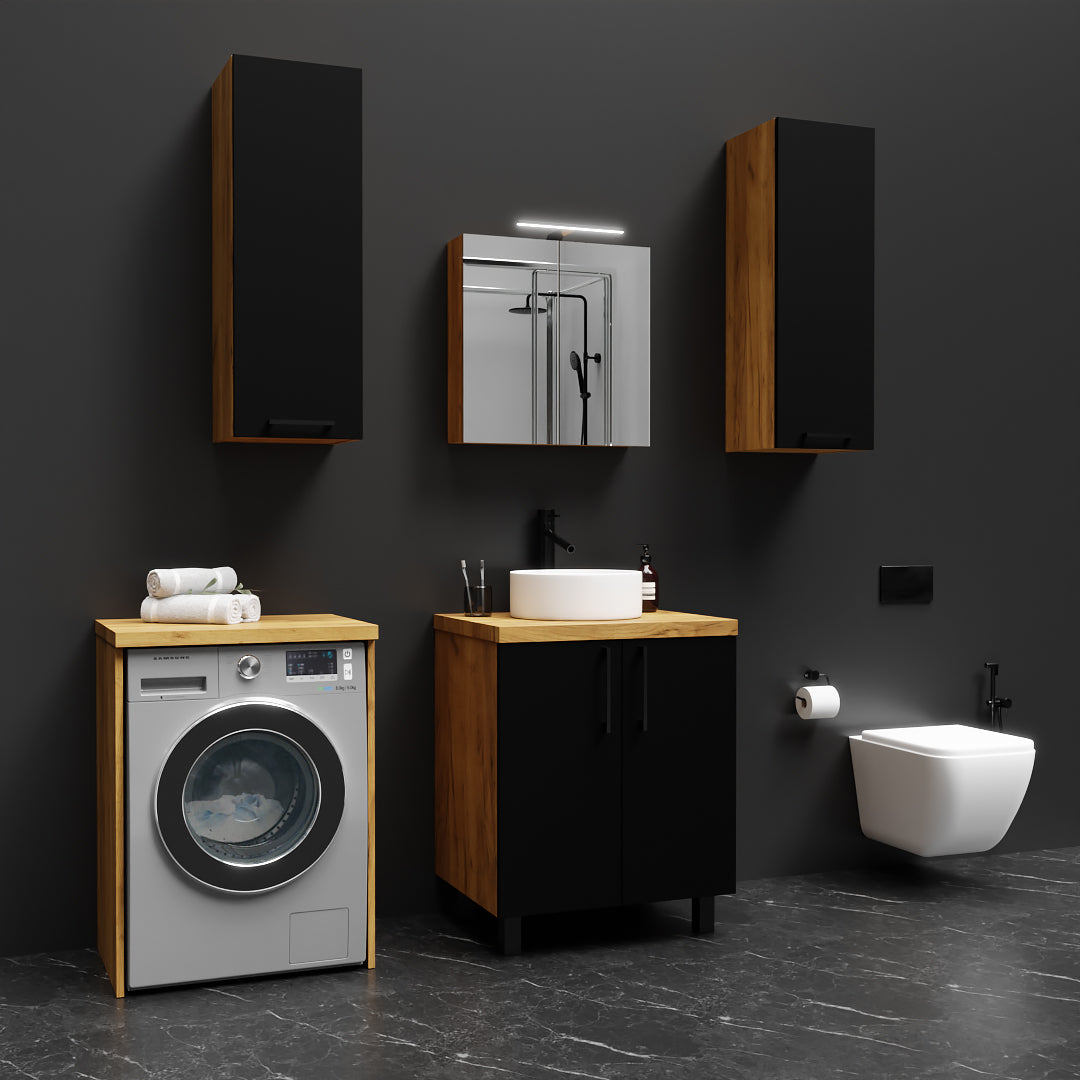 Meuble Vasque de Salle de Bain sur Pied sous Lavabo avec Tiroirs Chêne Doré - Détails