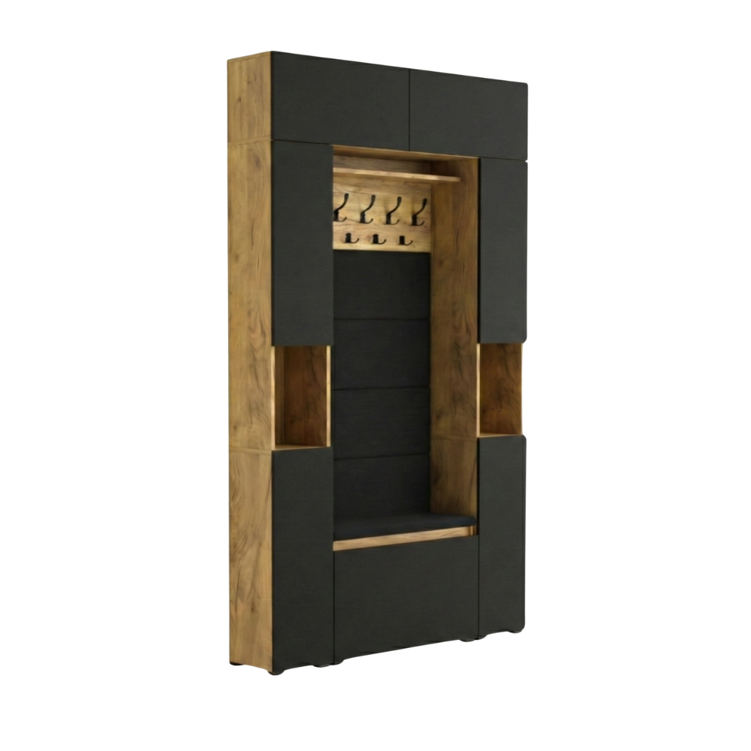 Vestiaire d'Entrée Double Complet avec Meuble à Chaussures Panneaux Capitonnés Porte-manteau 2 Meubles Étroits et Surmeubles Lova Chêne Doré Façades Noir - Vue principale