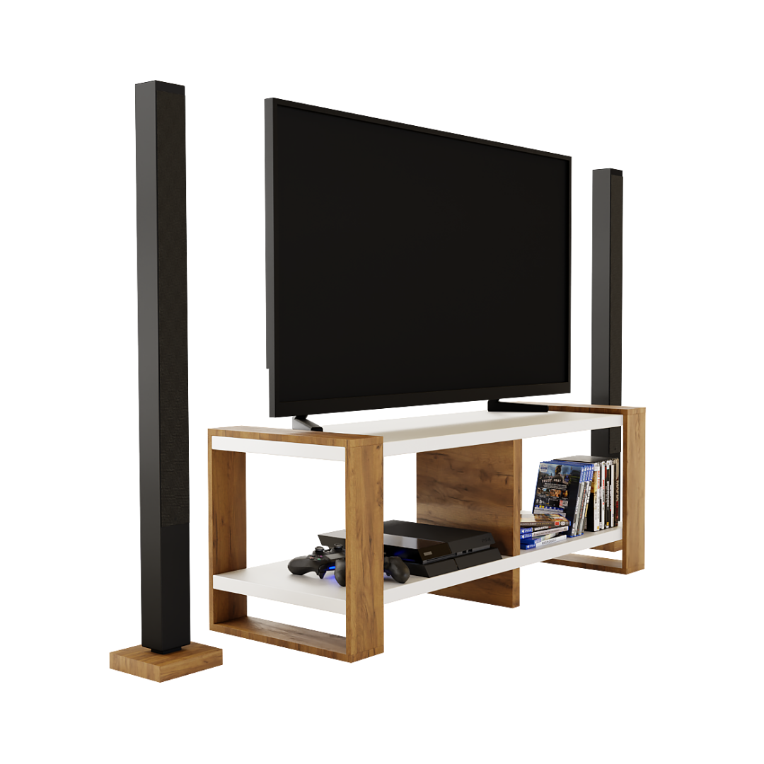 Meuble TV Moderne Télé Salon Rangement Nikor Blanc + Chêne Doré - Détails