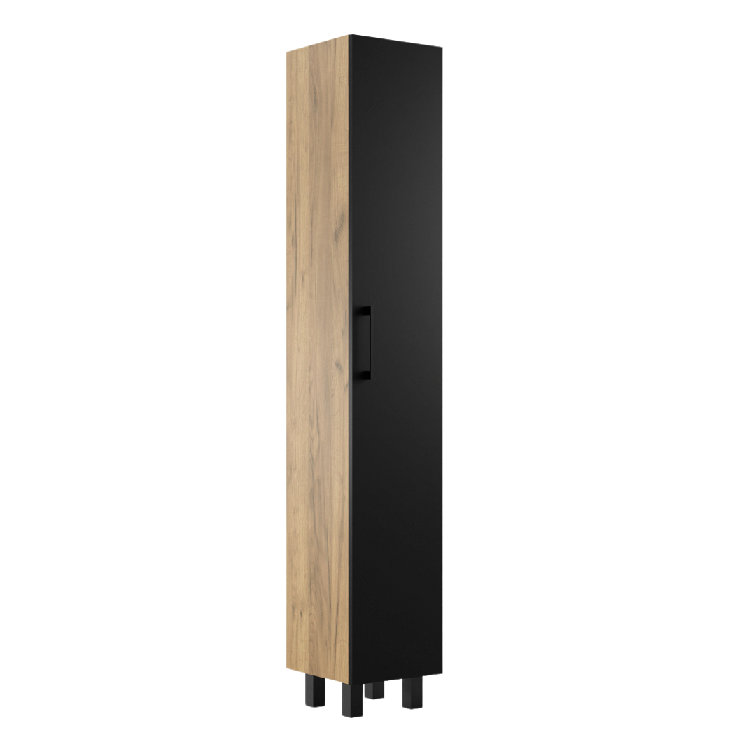 Colonne de Salle de Bain Étroite avec Étagères sur Pied Valia Chêne Doré Façades Noir - Vue principale