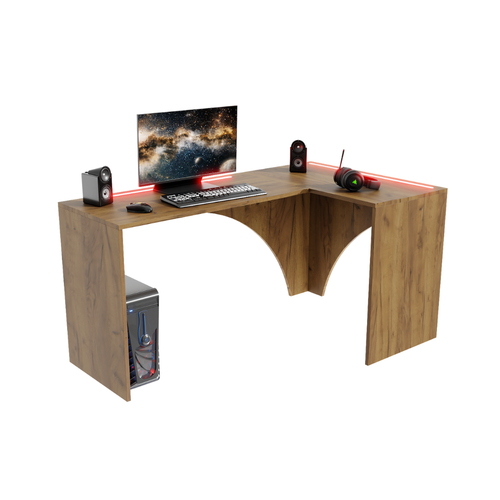 Bureau d'Angle Gaming Gamer Compact Mini pour Ordinateur PC Carbon avec LED Chêne Doré - Vue principale