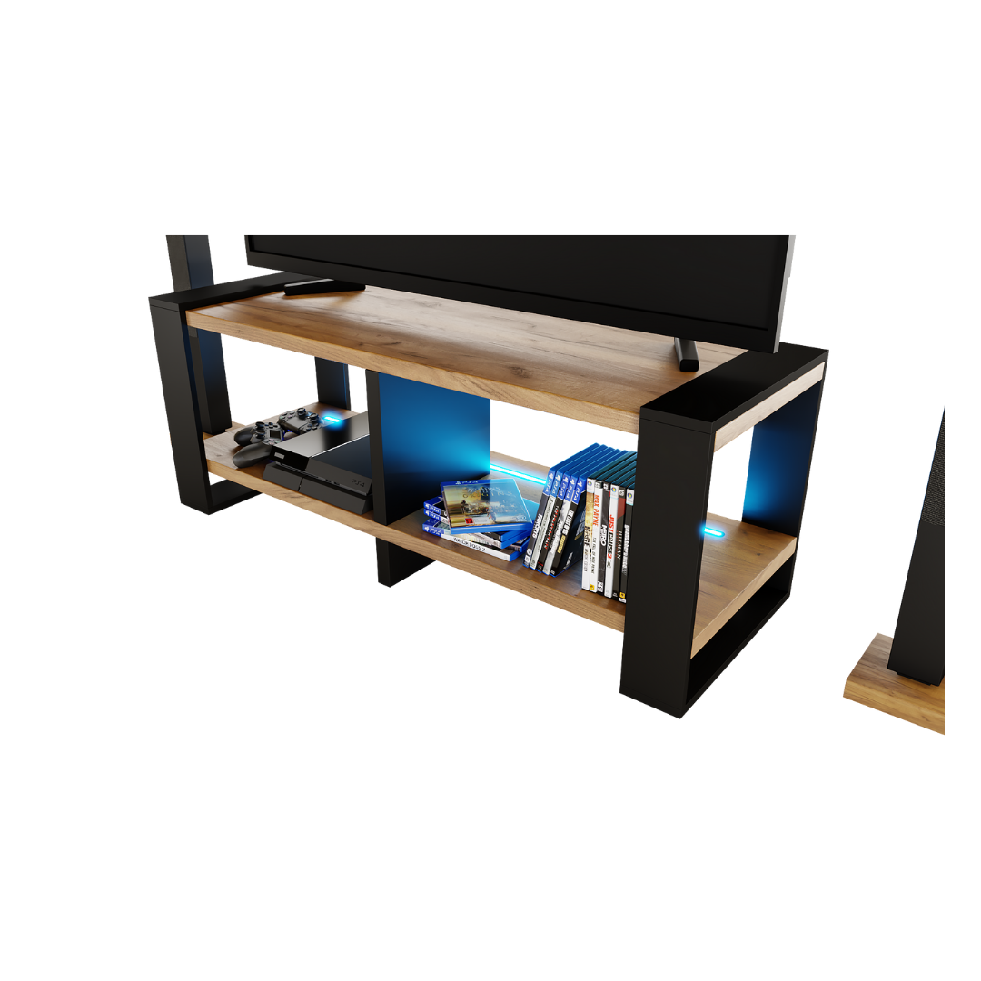 Meuble TV Moderne Télé Salon Rangement Nikor Chêne Doré + Noir - Détails