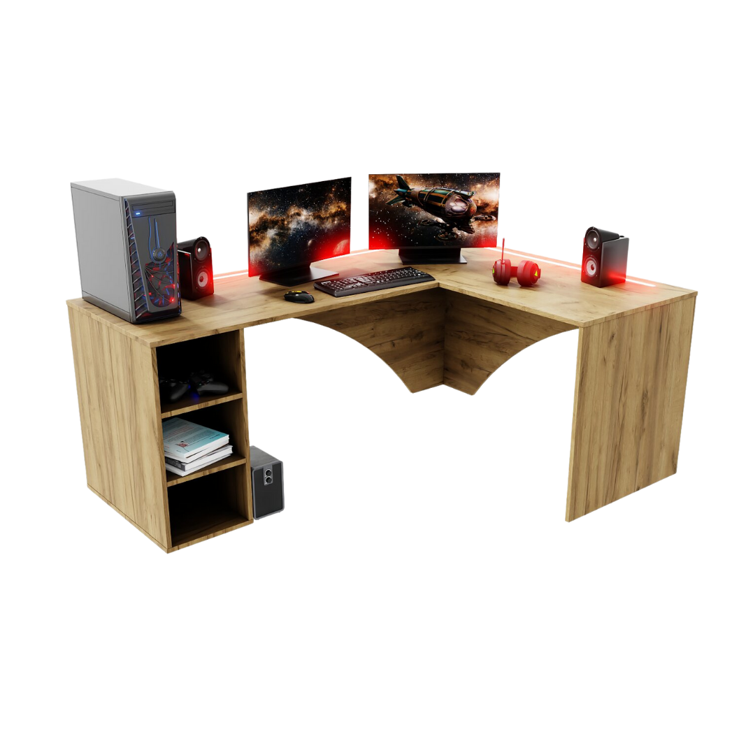 Bureau d'Angle Gaming Gamer Professionnel pour Ordinateur PC Bureau de Travail Carbon avec LED Chêne Doré - Vue principale