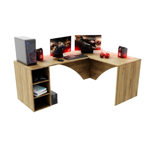 Bureau d'Angle Gaming Gamer Professionnel pour Ordinateur PC Bureau de Travail Carbon avec LED Chêne Doré - Vue principale