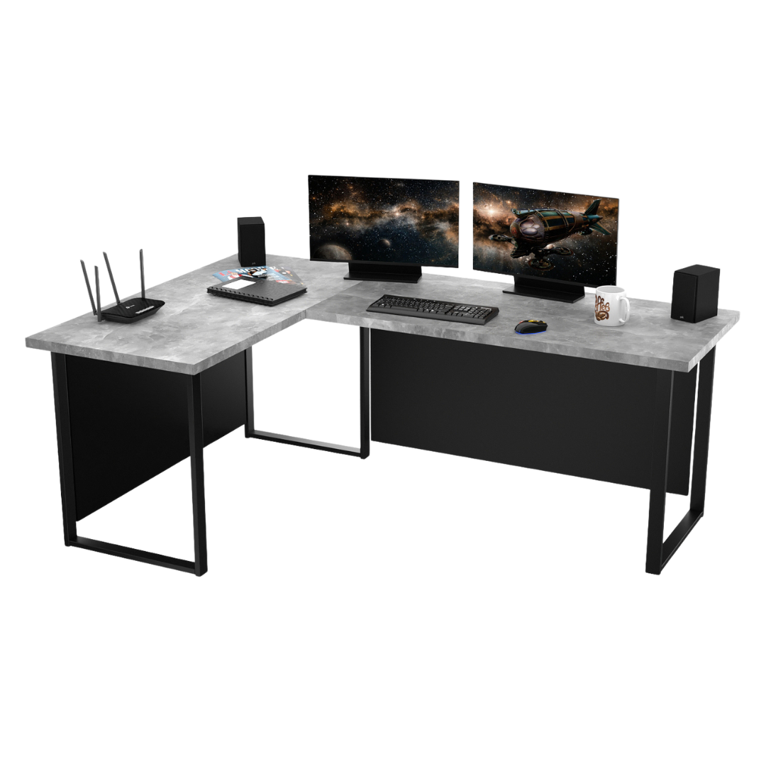 Bureau d'Angle Gaming Gamer Professionnel pour Ordinateur PC Bureau de Travail VINI N avec Blende Masquante Béton Clair - Vue principale