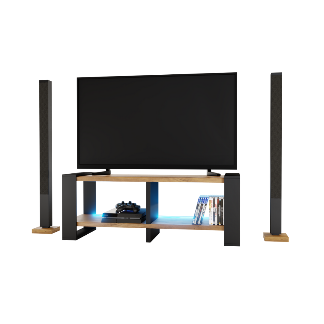 Meuble TV Moderne Télé Salon Nikor Rangement avec LED Chêne Doré + Noir - Vue principale