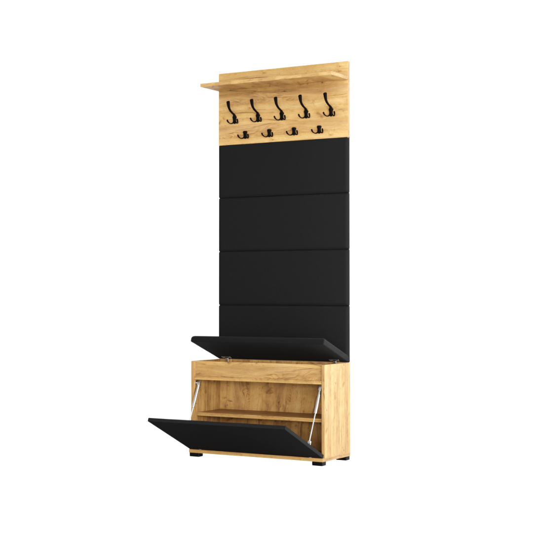 Vestiaire d'Entrée avec Meuble à Chaussures Banc Panneaux Capitonnés et Porte-manteau Lova Chêne Doré Façades Noir - Vue principale