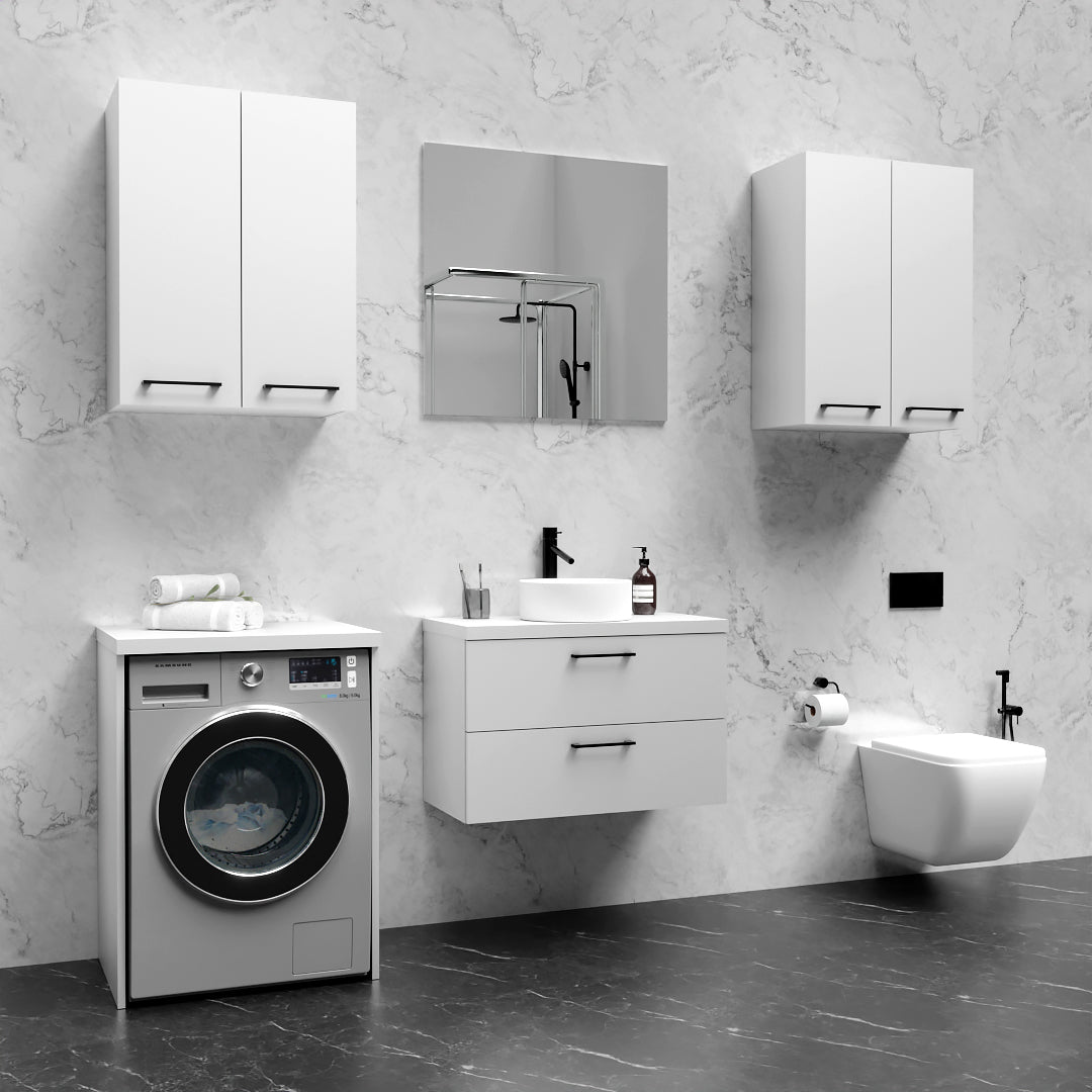 Meuble Vasque Suspendu de Salle de Bain avec Plan de Travail et 2 Tiroirs sous Lavabo Blanc - Détails