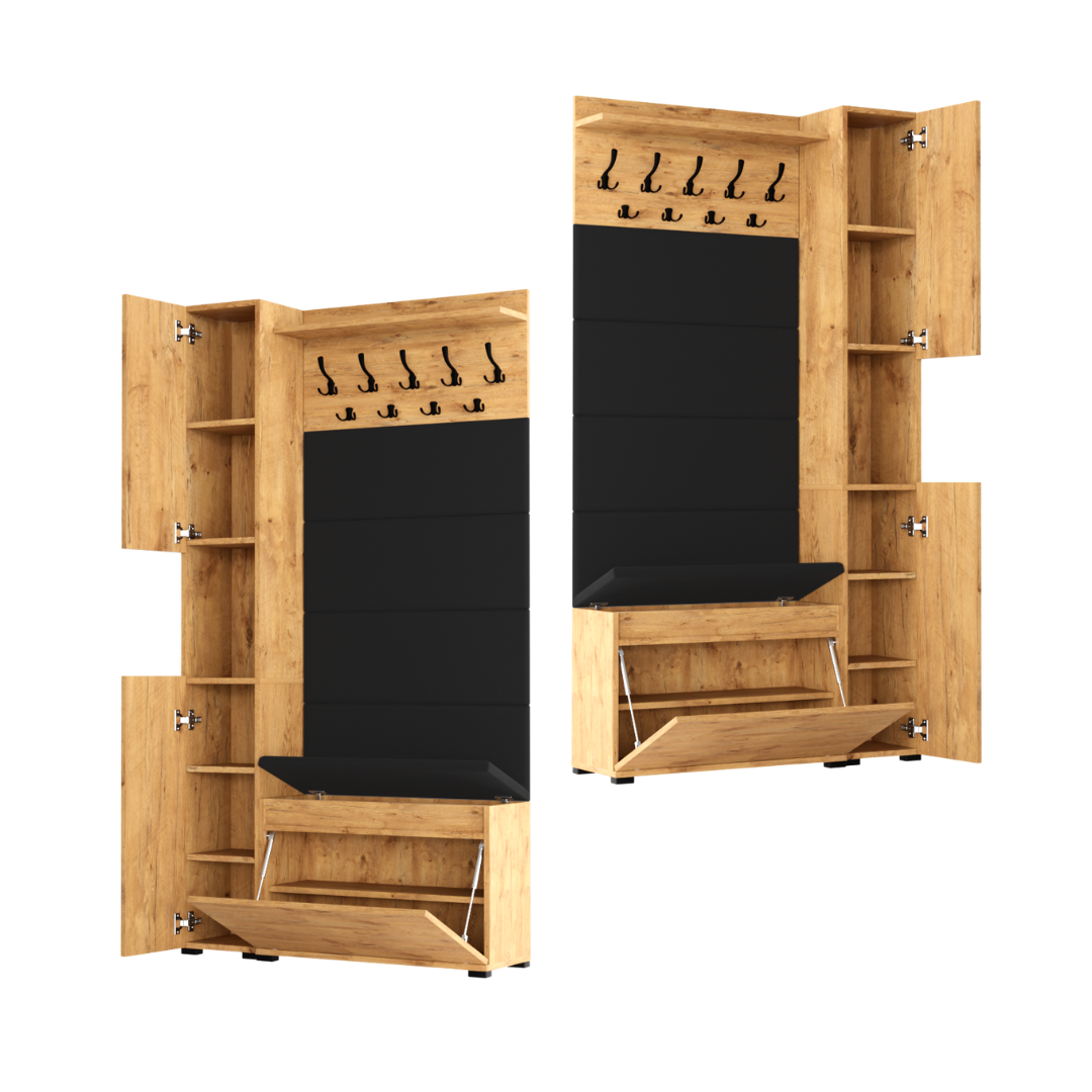 Vestiaire d'Entrée Complet avec Meuble à Chaussures Panneaux Capitonnés Porte-manteau et Meuble Étroit Garderoba Lancelot - Détails