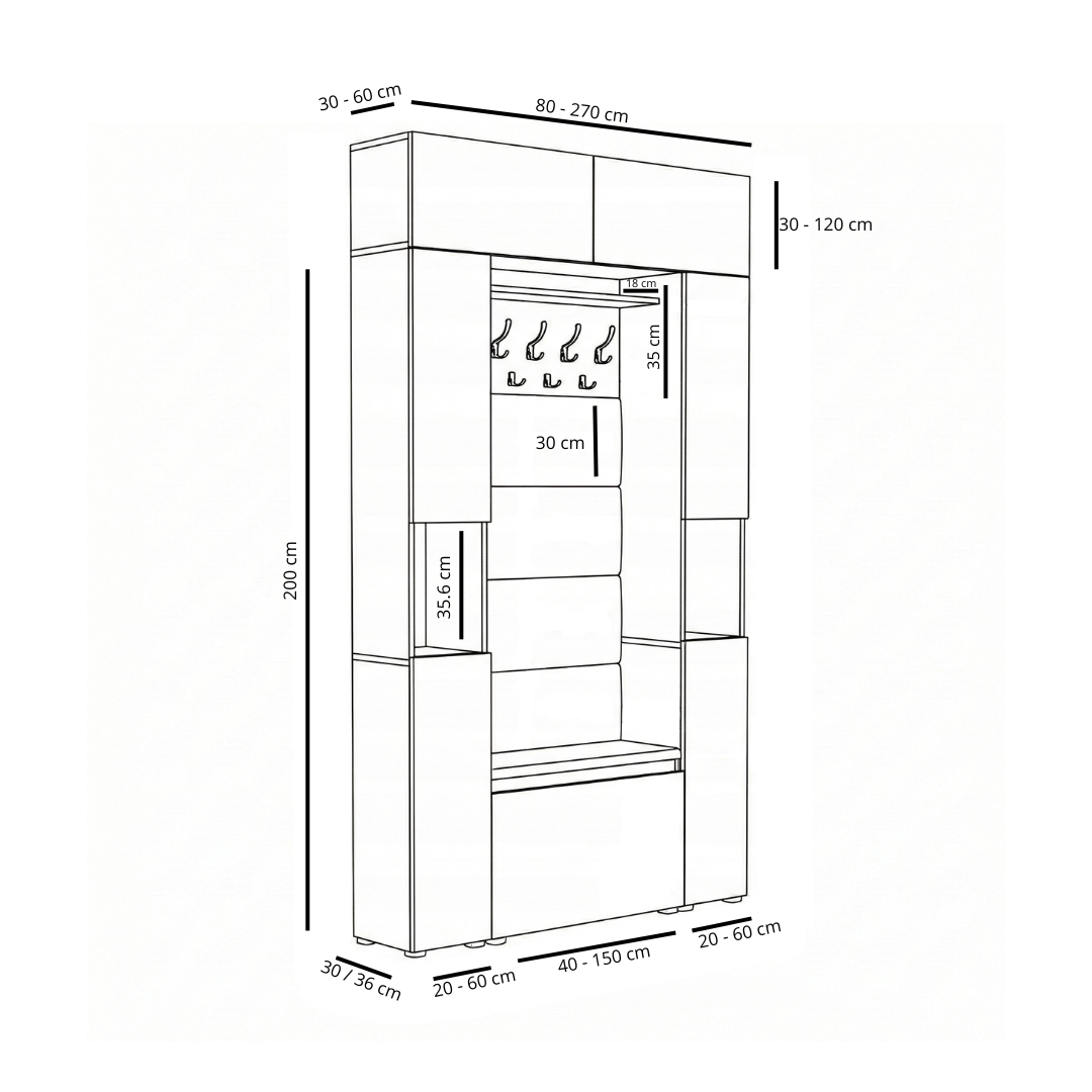 Vestiaire d'Entrée Double Complet avec Meuble à Chaussures Panneaux Capitonnés Porte-manteau 2 Meubles Étroits et Surmeubles Garderoba Chêne Doré - Détails