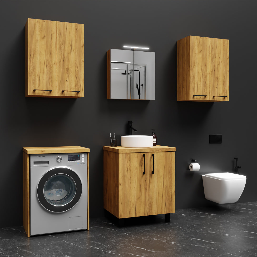 Meuble Vasque de Salle de Bain sur Pied sous Lavabo avec Tiroirs Chêne Doré - Détails