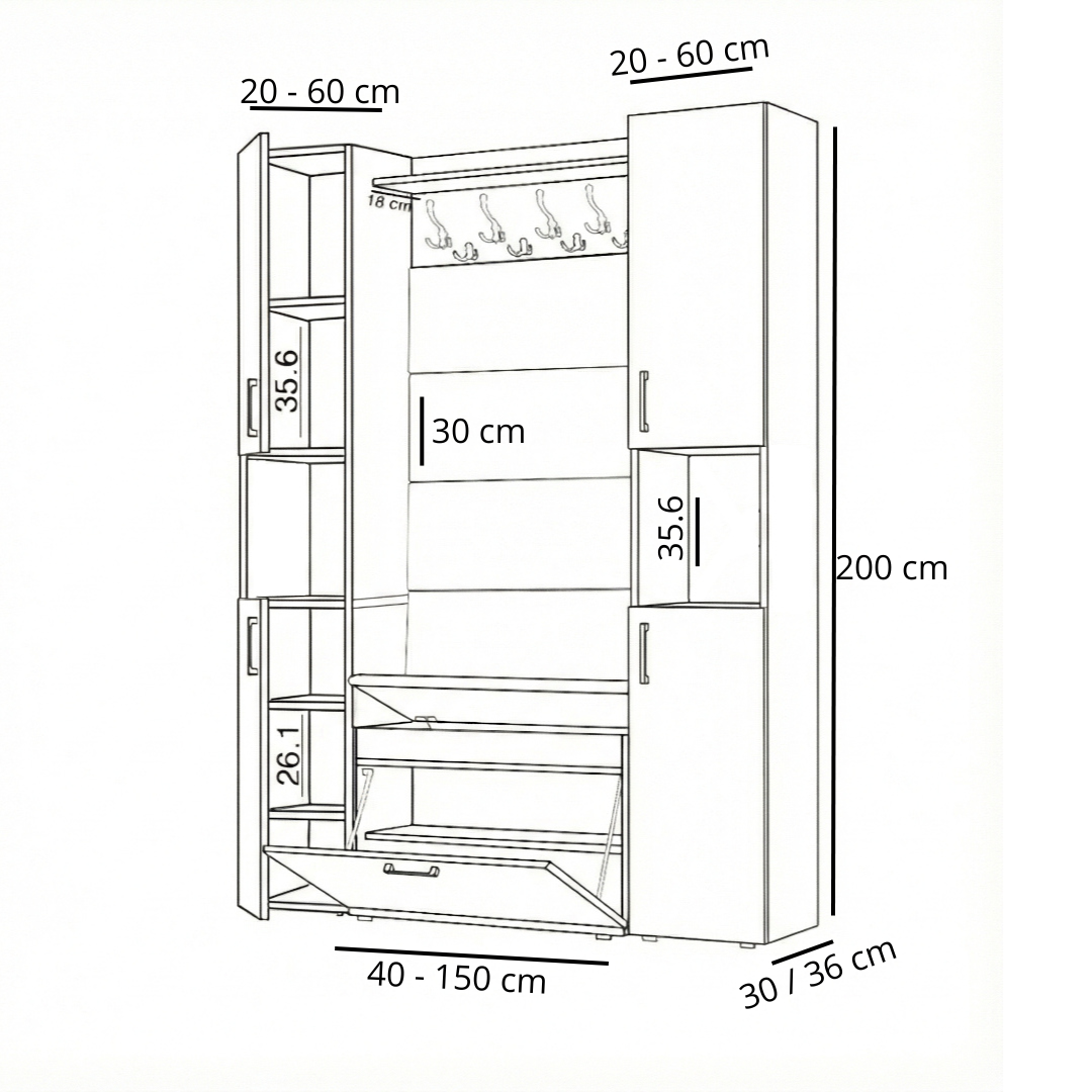 Vestiaire d'Entrée Double Complet avec Meuble à Chaussures Panneaux Capitonnés Porte-manteau et 2 Meubles Étroits Garderoba Blanc - Détails