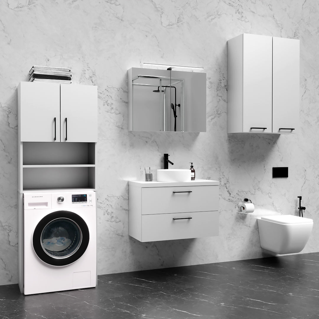 Meuble Rangement sur Pied au-dessus Lave-linge avec Portes Blanc - Détails