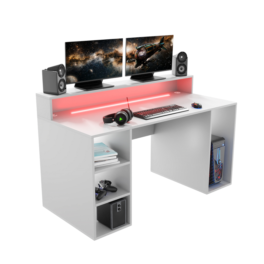 Bureau Gaming Gamer Professionnel pour Ordinateur PC Bureau de Travail Enigma avec LED Blanc - Vue principale