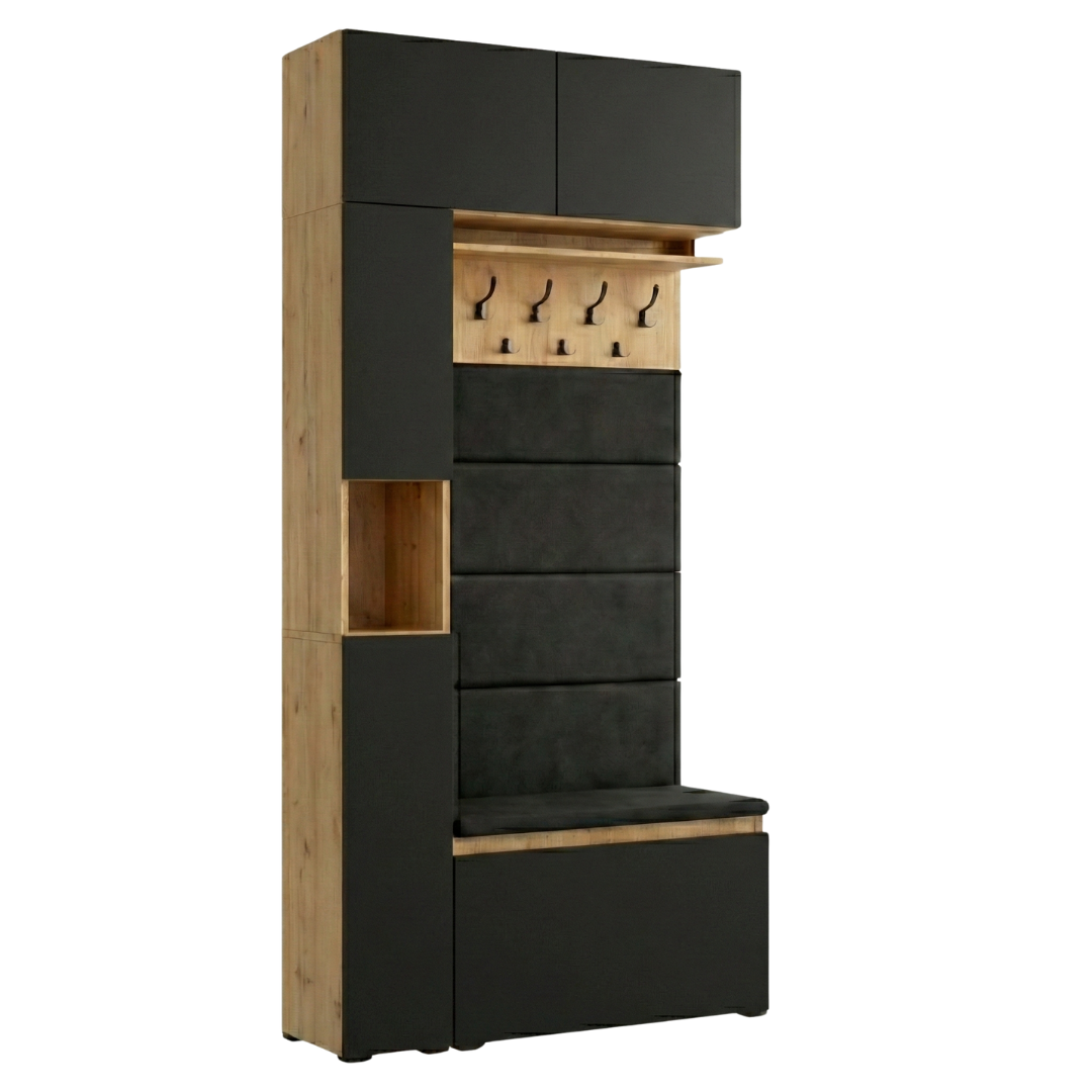 Vestiaire d'Entrée Complet avec Meuble à Chaussures Panneaux Capitonnés Porte-manteau Meuble Étroit et Surmeuble Lova Chêne Doré Façades Noir - Vue principale