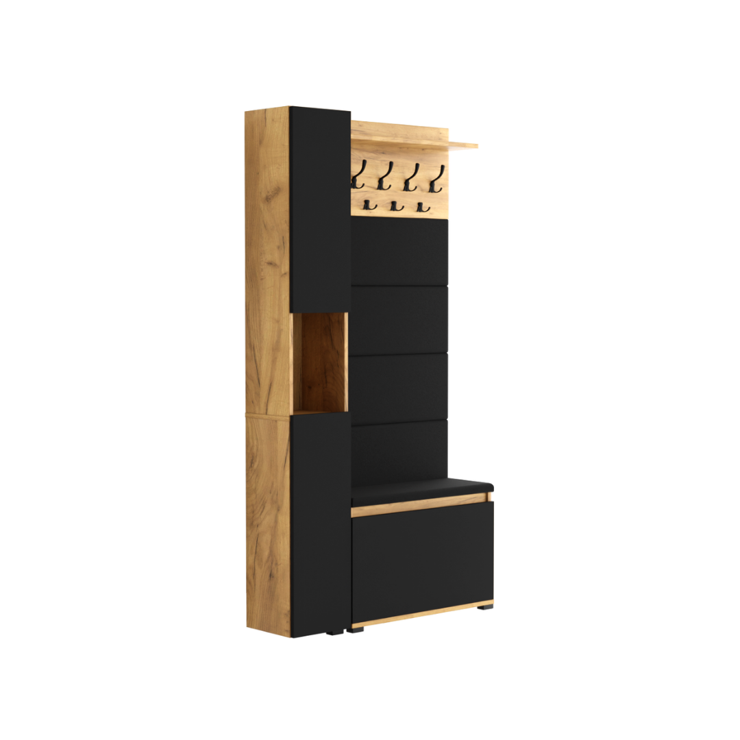 Vestiaire d'Entrée Complet avec Meuble à Chaussures Panneaux Capitonnés Porte-manteau et Meuble Étroit Garderoba Chêne Doré - Détails