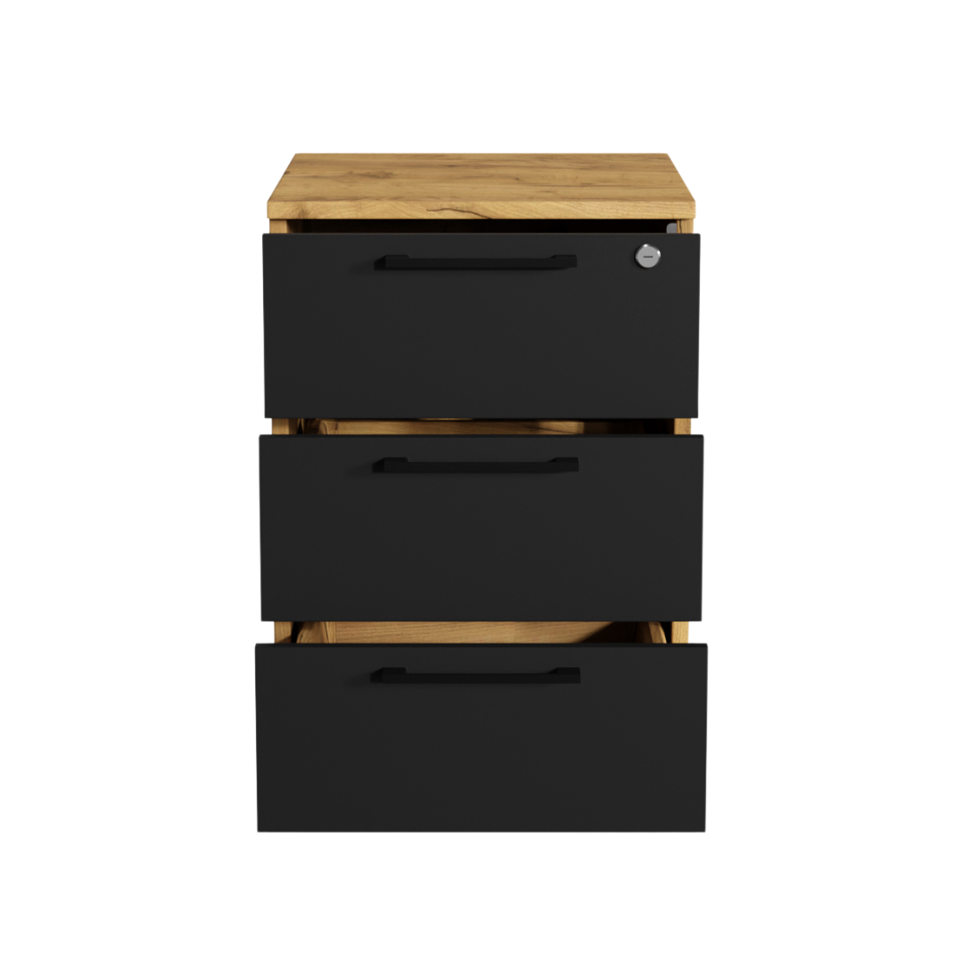 Caisson de Bureau Mobile à Roulettes avec Serrure et Tiroirs Rangement Max Chêne Doré - Détails