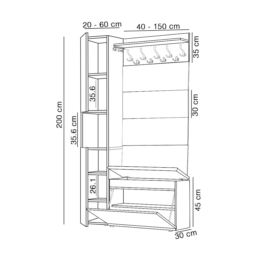 Vestiaire d'Entrée Complet avec Meuble à Chaussures Panneaux Capitonnés Porte-manteau et Meuble Étroit Garderoba Chêne Doré - Détails