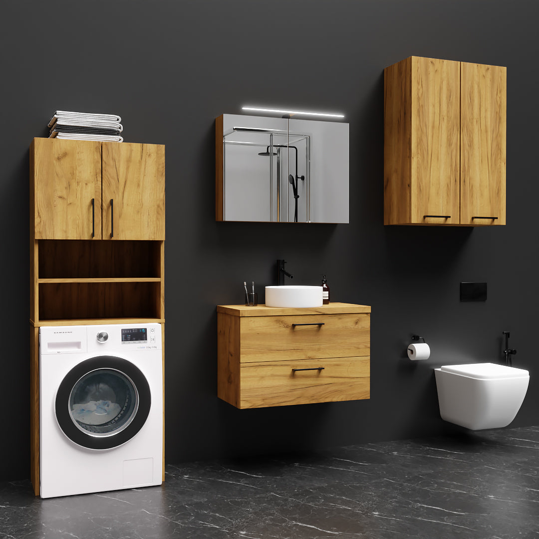 Meuble Rangement sur Pied au-dessus Lave-linge avec Portes Chêne Doré - Détails