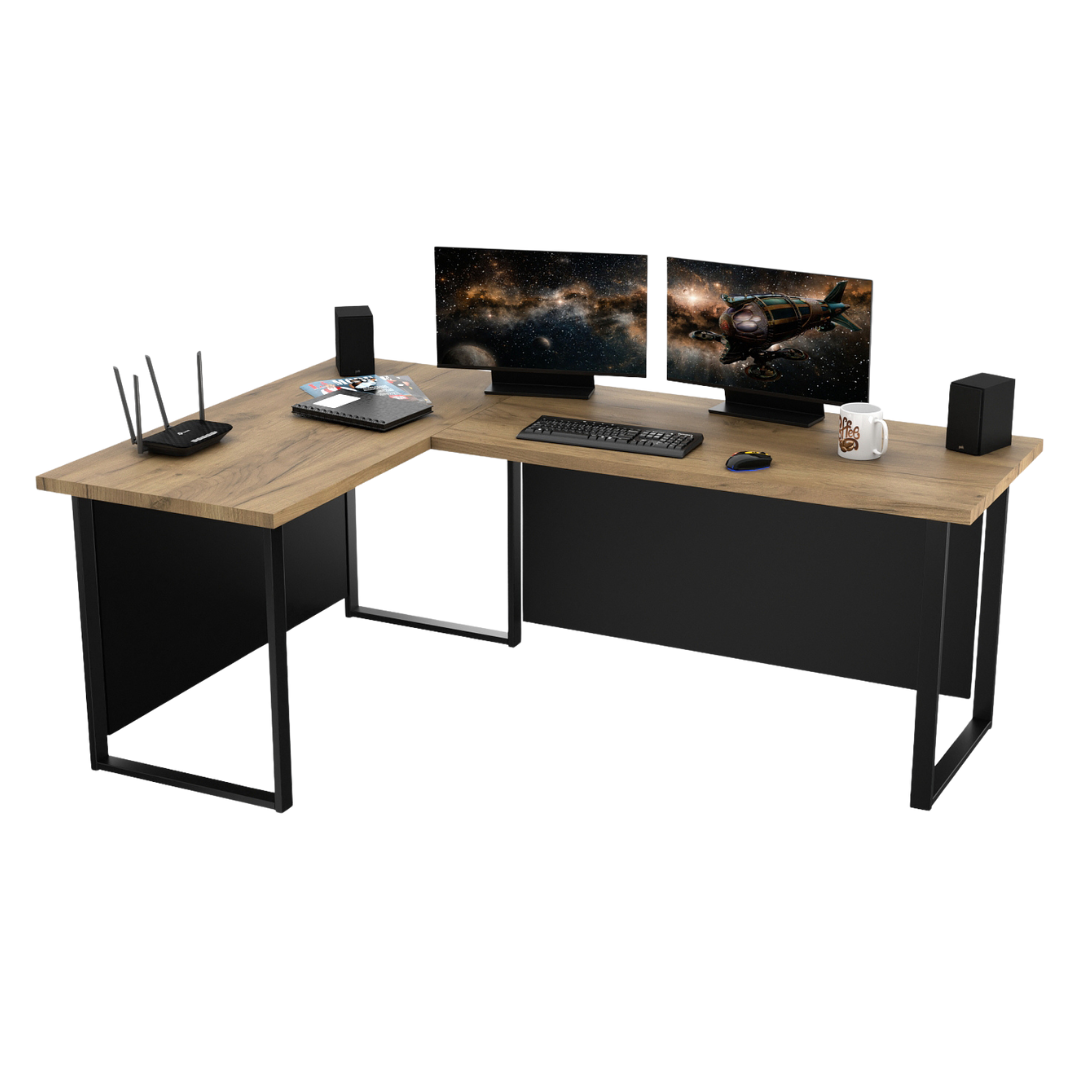 Bureau d'Angle Gaming Gamer Professionnel pour Ordinateur PC Bureau de Travail VINI N avec Blende Masquante Chêne Doré - Vue principale