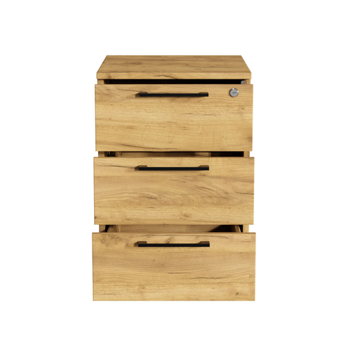 Caisson de Bureau Mobile à Roulettes avec Serrure et Tiroirs Rangement Max Chêne Doré - Détails