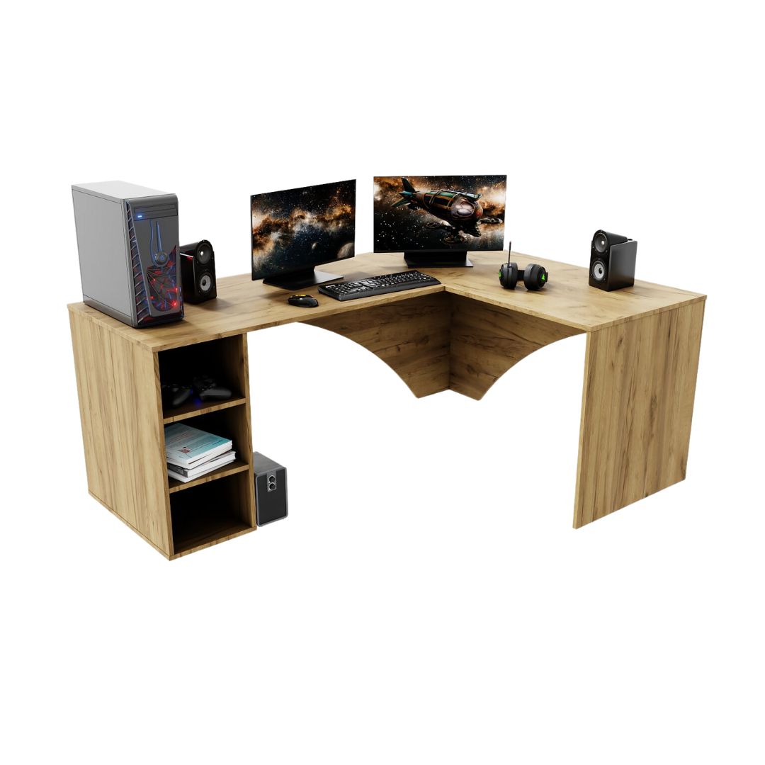Bureau d'Angle Gaming Gamer Professionnel pour Ordinateur PC Bureau de Travail Carbon Chêne Doré - Vue principale