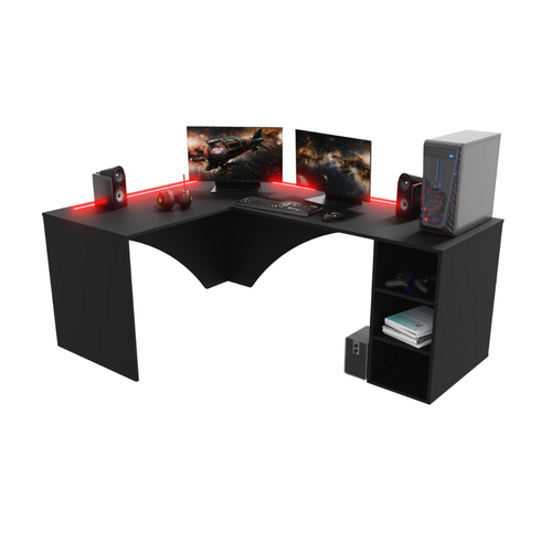 Bureau d'Angle Gaming Gamer Professionnel pour Ordinateur PC Bureau de Travail Carbon avec LED Noir - Vue principale