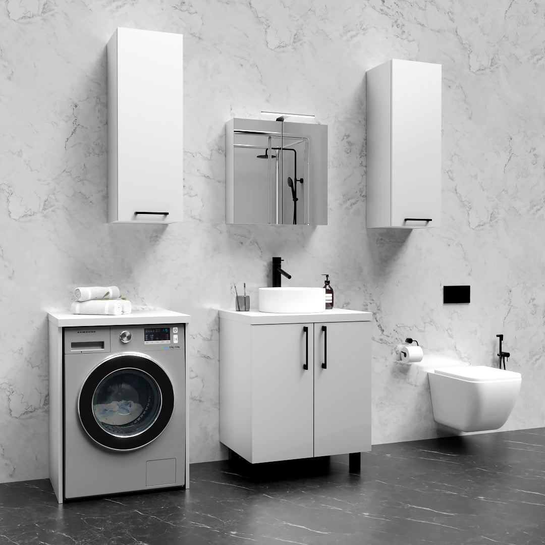 Meuble Vasque de Salle de Bain sur Pied sous Lavabo avec Tiroirs Blanc - Détails
