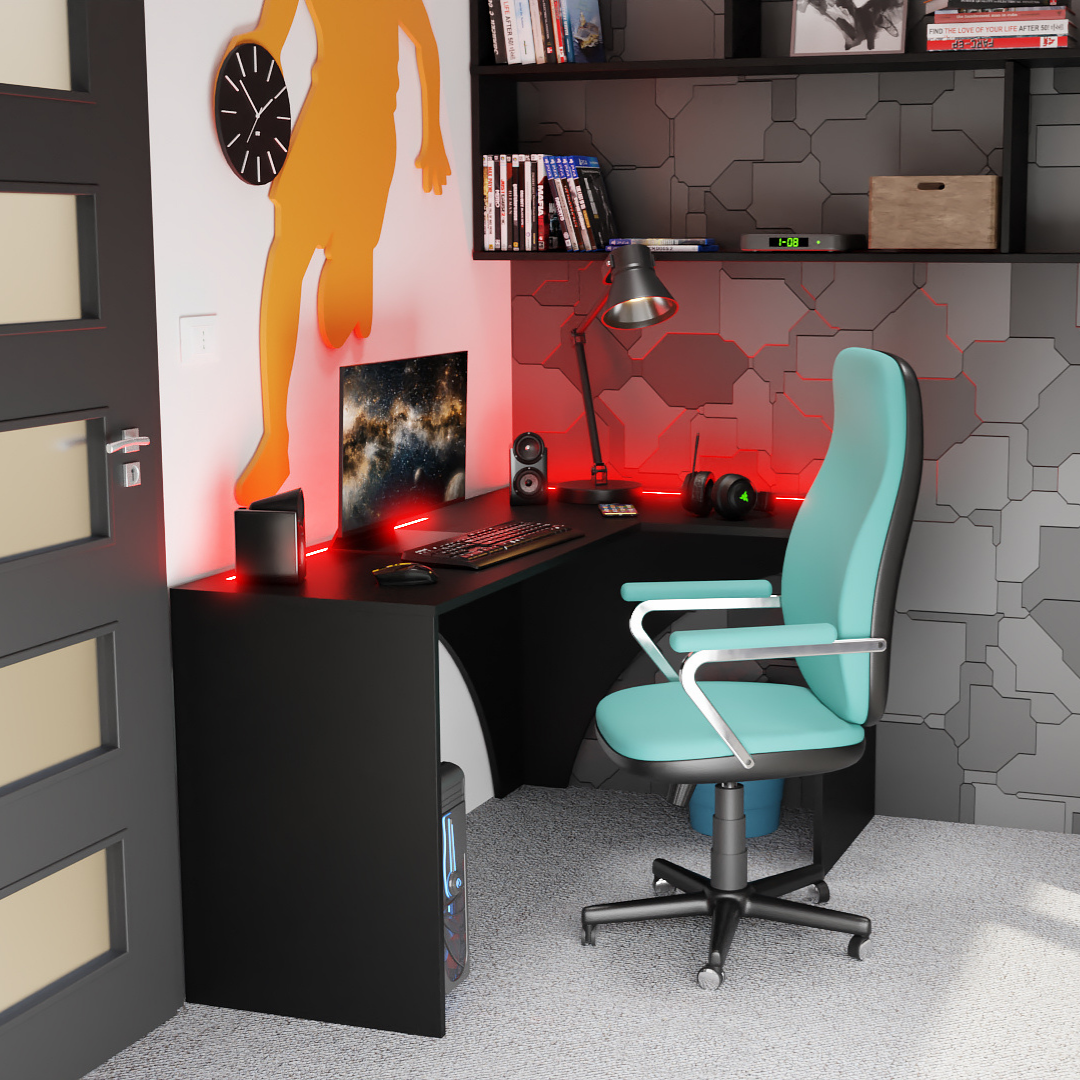 Bureau d'Angle Gaming Gamer Compact Mini pour Ordinateur PC Carbon Noir - Détails