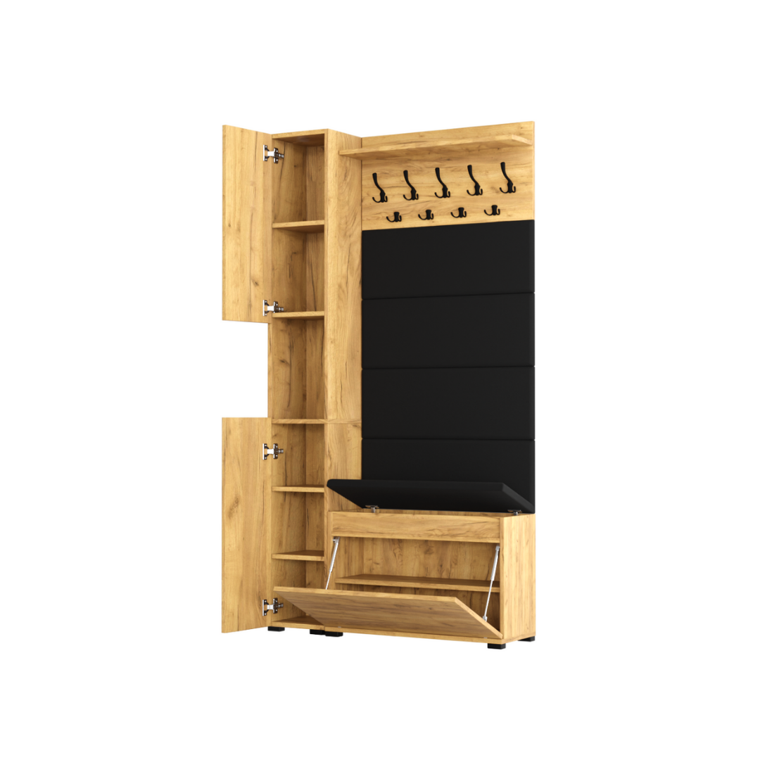 Vestiaire d'Entrée Complet avec Meuble à Chaussures Panneaux Capitonnés Porte-manteau et Meuble Étroit Lova Chêne Doré - Vue principale