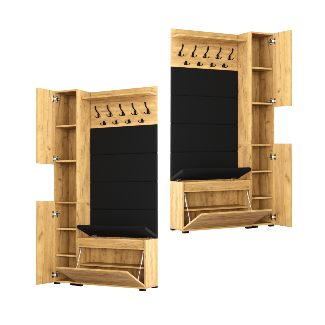 Vestiaire d'Entrée Complet avec Meuble à Chaussures Panneaux Capitonnés Porte-manteau et Meuble Étroit Garderoba Chêne Doré - Détails
