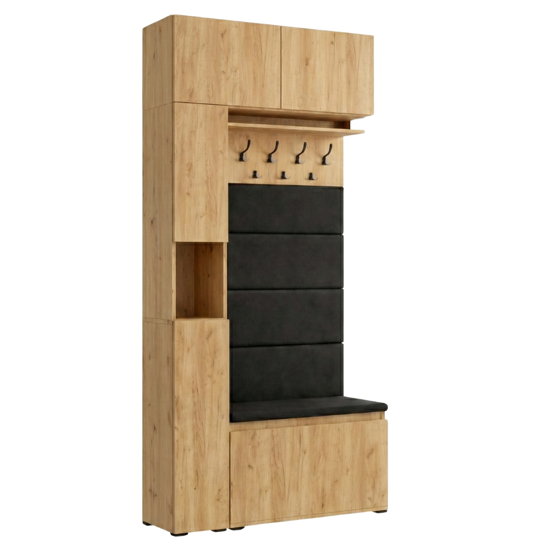Vestiaire d'Entrée Complet avec Meuble à Chaussures Panneaux Capitonnés Porte-manteau Meuble Étroit et Surmeuble Lova Chêne Doré - Vue principale